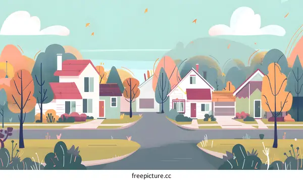 Cartoon Illustration of a Quiet Suburban Neighborhood