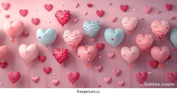 Colorful heart-shaped balloons floating against a pink background
