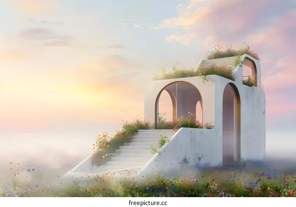 White Architecture in a Field of Flowers and Fog