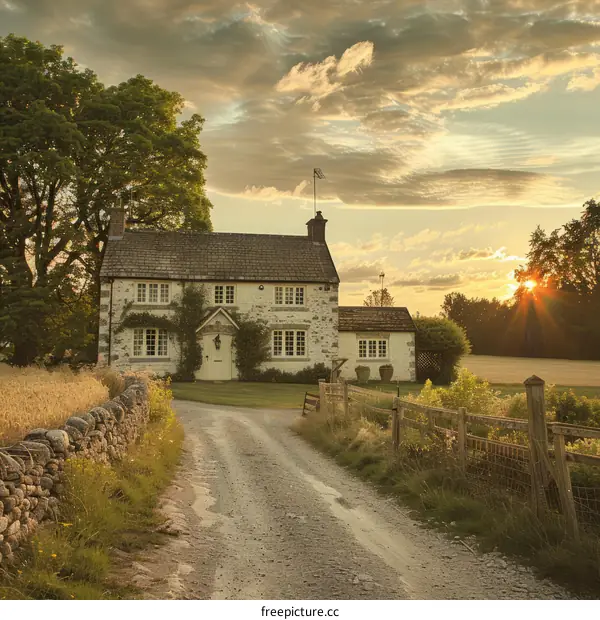 Sunset over a rural English cottage