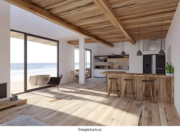 Modern Beach House Interior Design with Wooden Beams