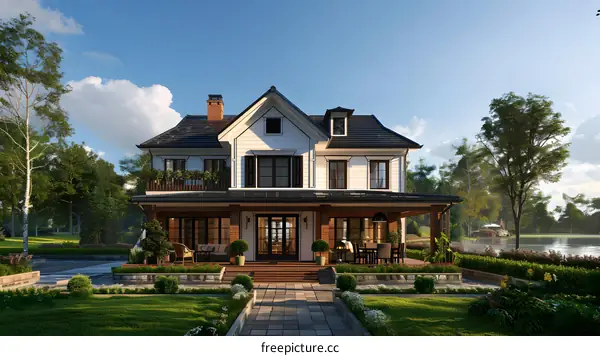 American style house with lake view