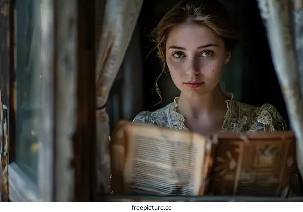 portrait of a girl reading a book by the window