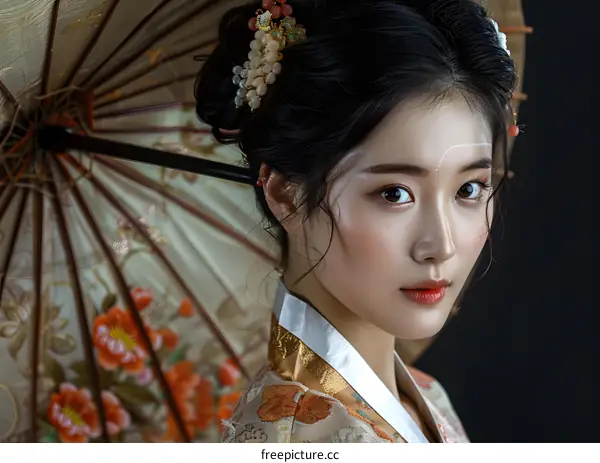 Asian Woman in Traditional Dress with Umbrella
