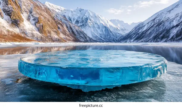 Azure Ice Disk on Frozen Lake with Snowy Mountains