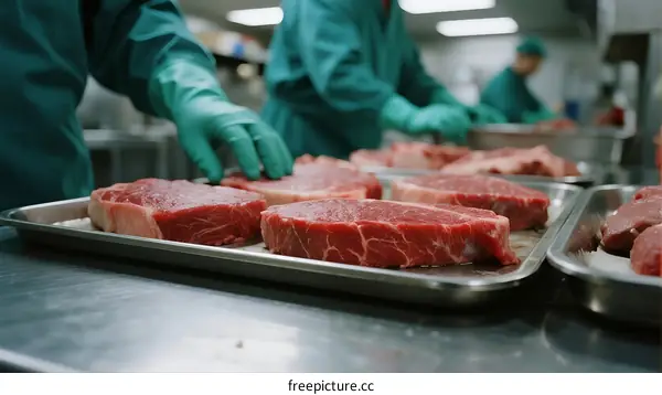 Butchers handling raw beef in meat processing factory