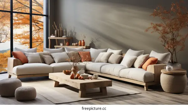 A Modern Living Room With A Sectional Sofa and Large Windows