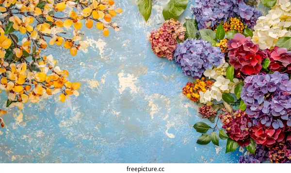 Beautiful Floral Arrangement with Blue, Purple, White and Red Hydrangeas