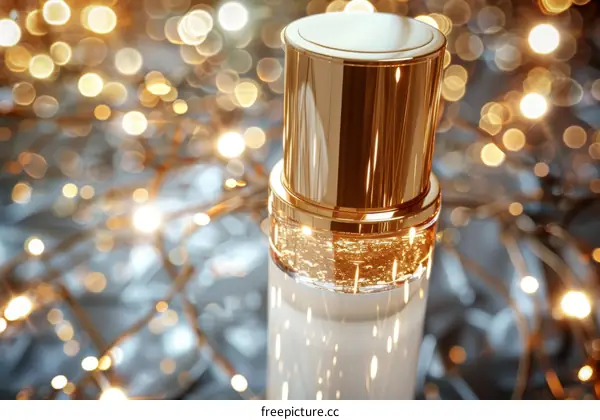 Close-up image of a luxurious cosmetic bottle with a gold lid against a background of blurred lights