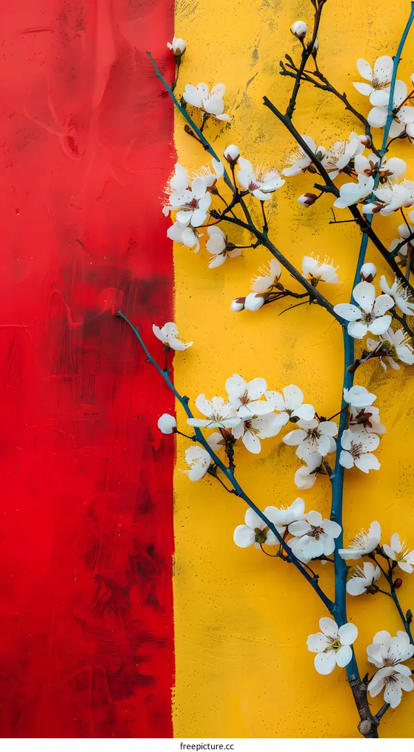 White Flower Branch On Red And Yellow Background
