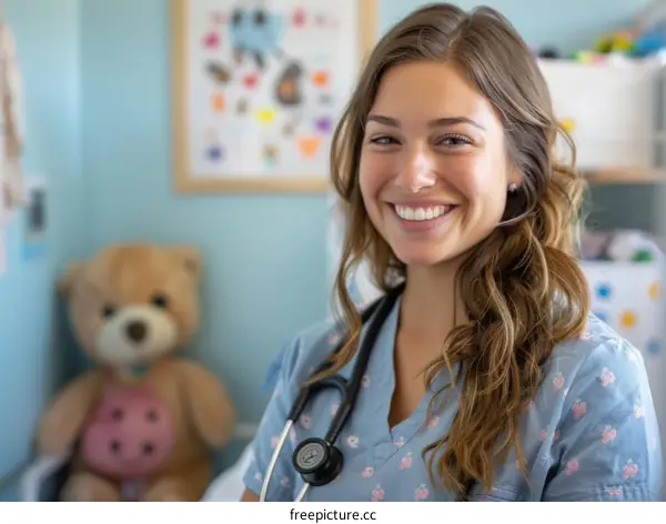 A smiling young female nurse wearing a stethoscope around her neck