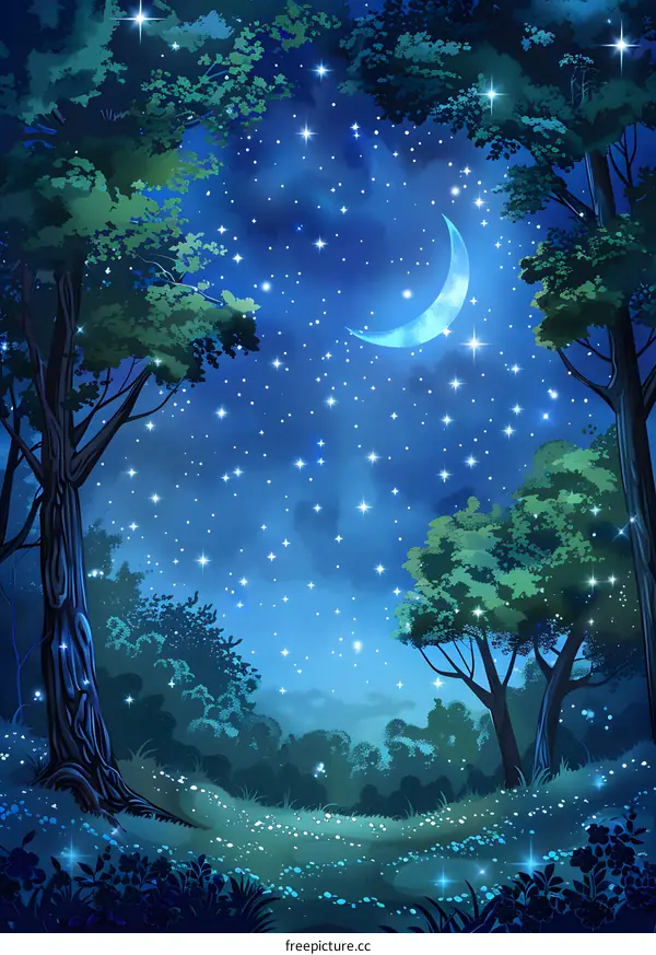 Night Forest Illustration with Crescent Moon and Stars