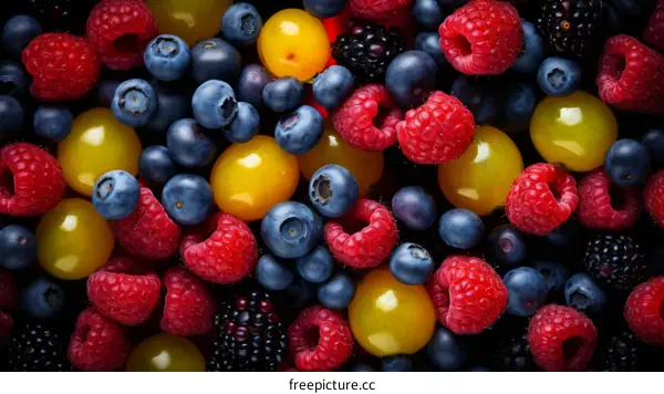 A variety of berries including raspberries, blueberries, and yellow and black currants