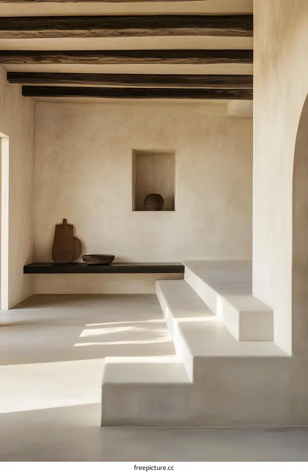 Minimalist Interior Design with Light Wood Beams and White Walls