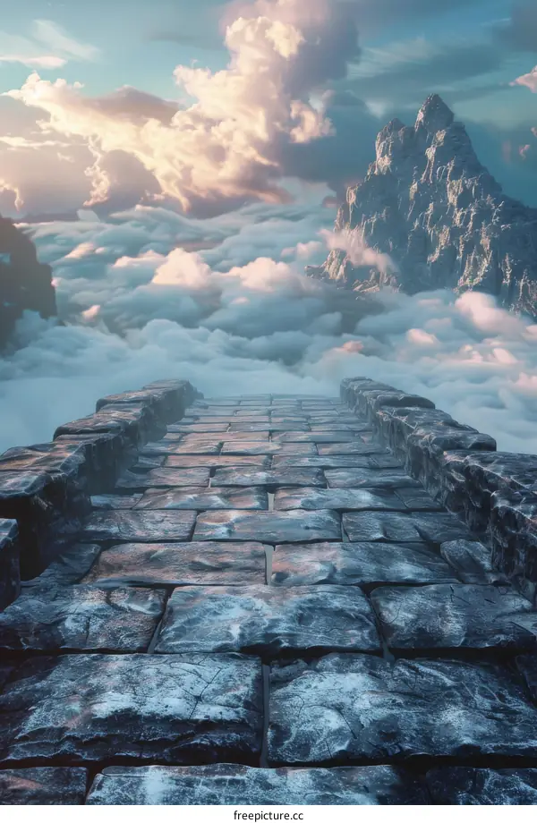 Stone bridge in the clouds with a mountain in the distance