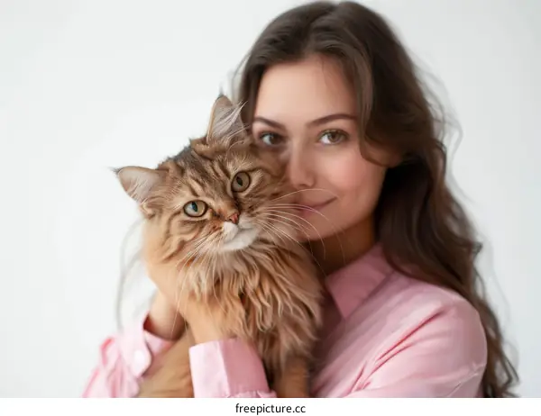 A young woman is hugging a fluffy cat