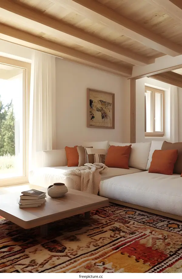 Modern Living Room Interior Design with Wooden Beams