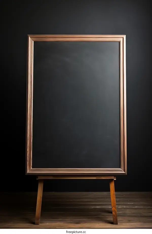 Blackboard on wooden tripod against dark wall background