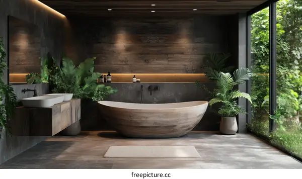 Modern Tropical Bathroom Design with Natural Wood Bathtub