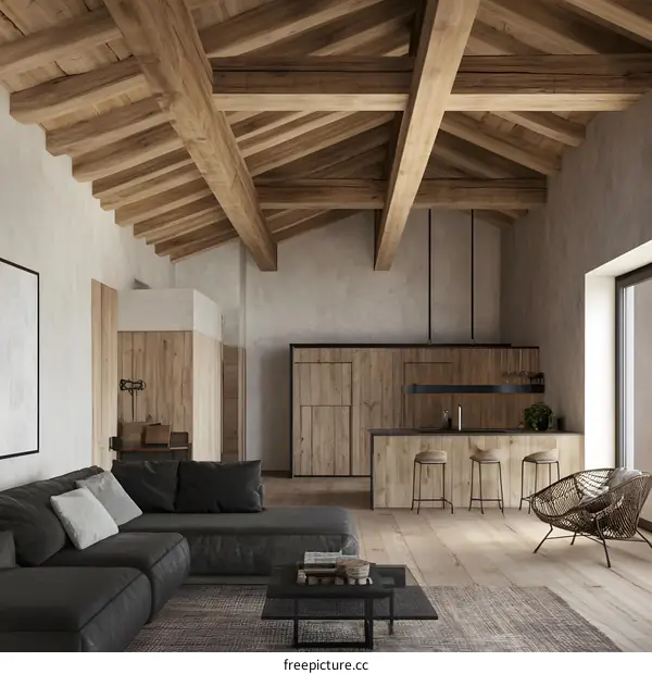 Modern Farmhouse Living Room Interior Design with Wooden Beams