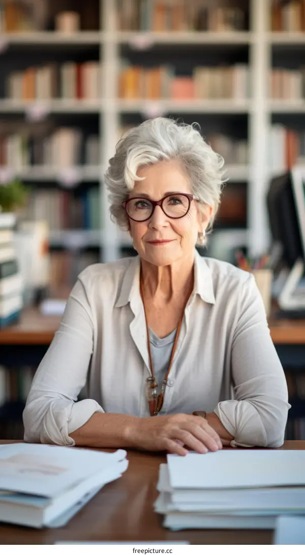 portrait of a senior woman sitting at a desk in a library