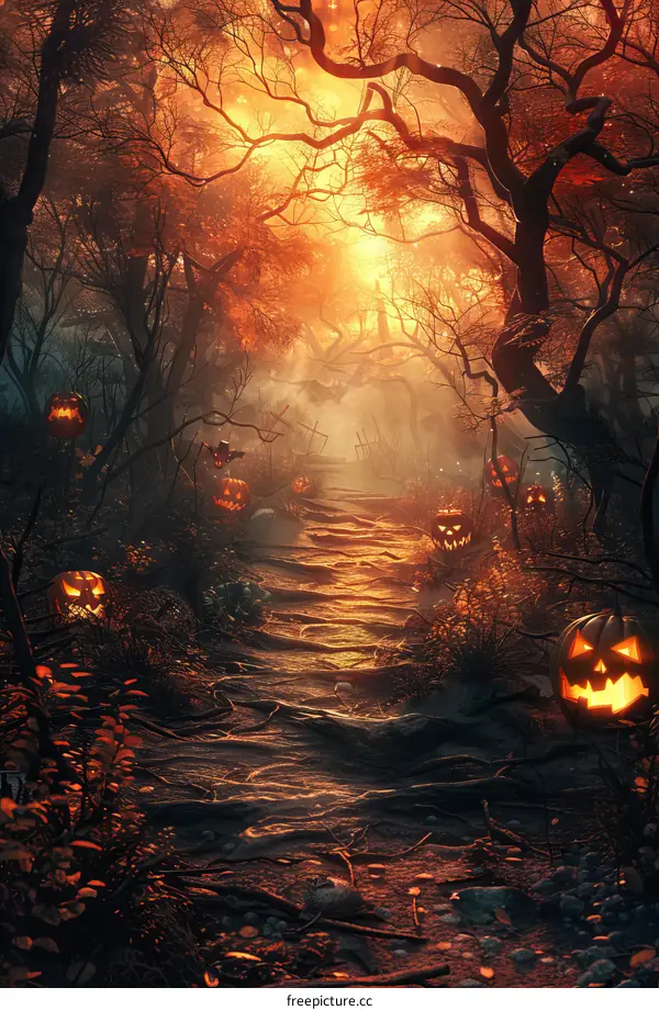 Spooky Halloween Jack-o'-Lantern in the Forest