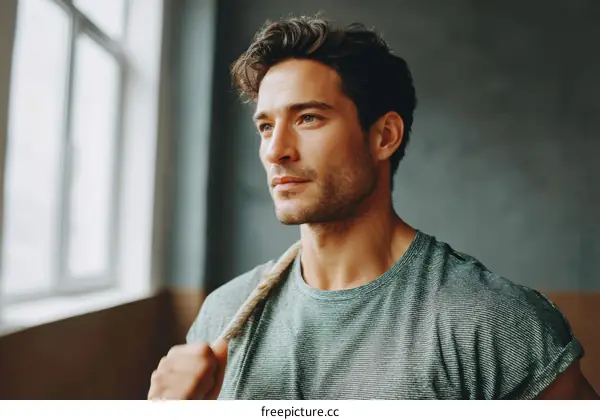 Caucasian Man in Thoughtful Pose with Rope
