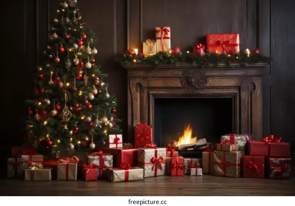 Christmas Tree by Fireplace with Presents