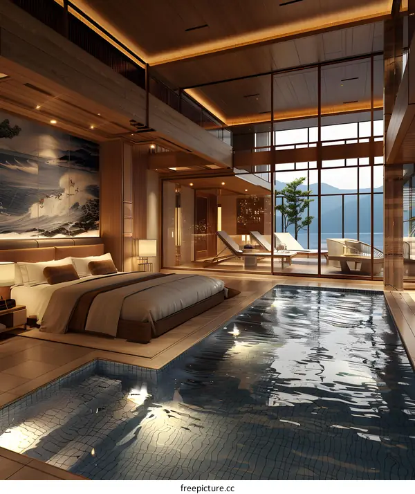 Modern luxury bedroom with pool and mountain views