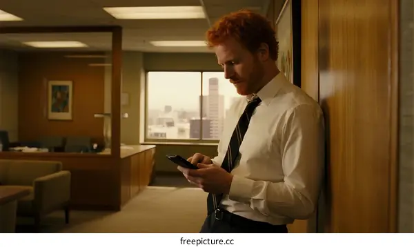 A man in formal attire using smartphone in office