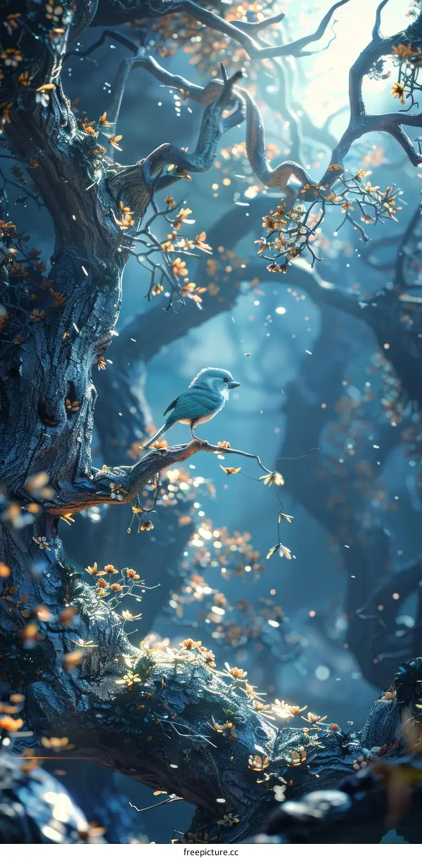 Mystical Blue Bird in an Enchanted Forest