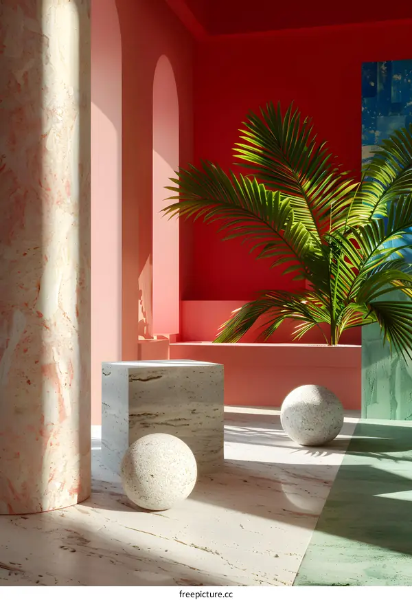 Minimalist Interior Design with Palm Tree and Stone Balls