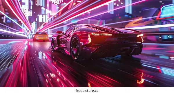Sleek Red Sports Car Races Through Futuristic Night City