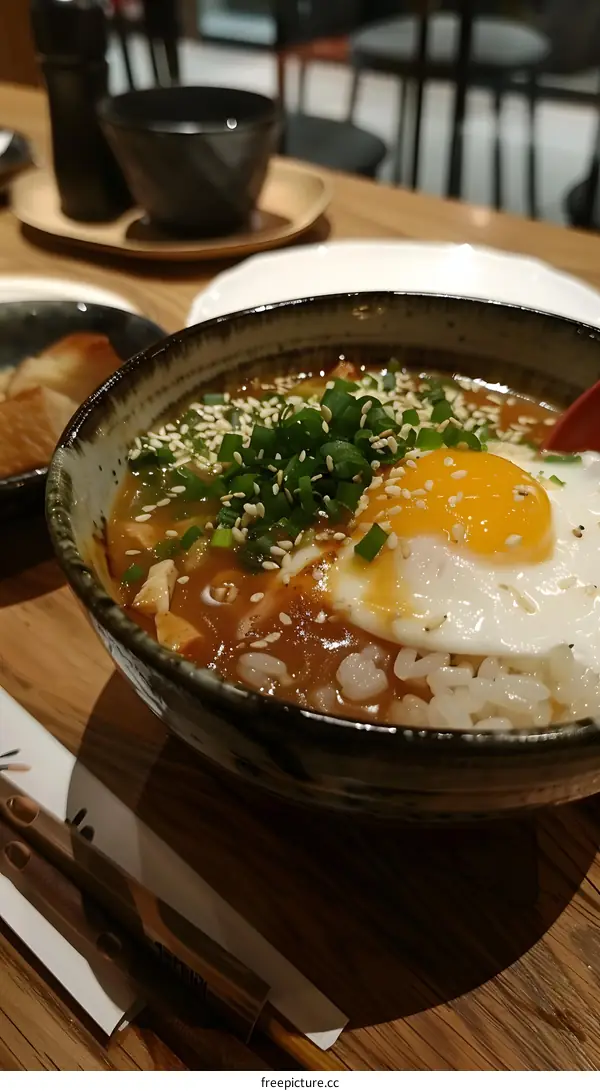 Japanese Rice Bowl with Fried Egg and Sesame Seeds