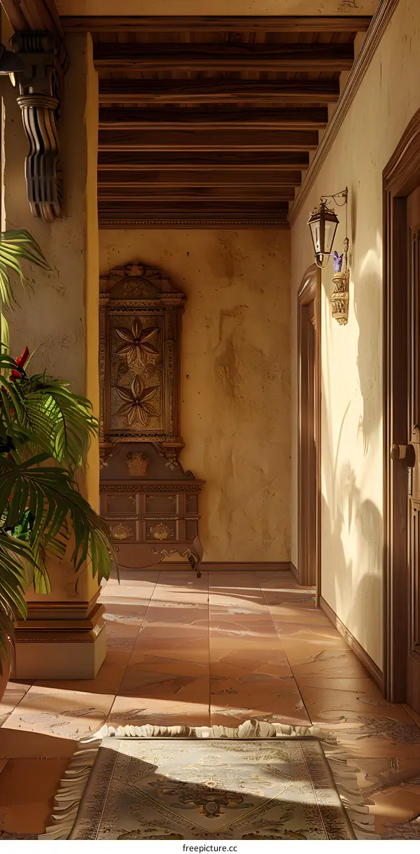 Spanish Style Interior With Ornate Cabinet and Tile Floor