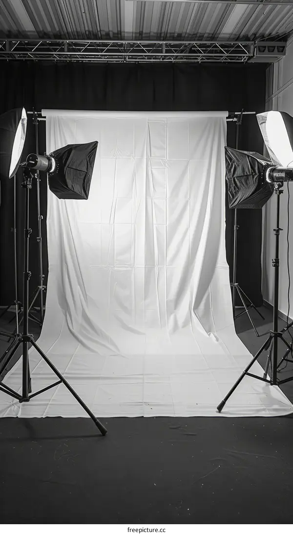 Black and white photo of a photoshoot backdrop with lighting equipment
