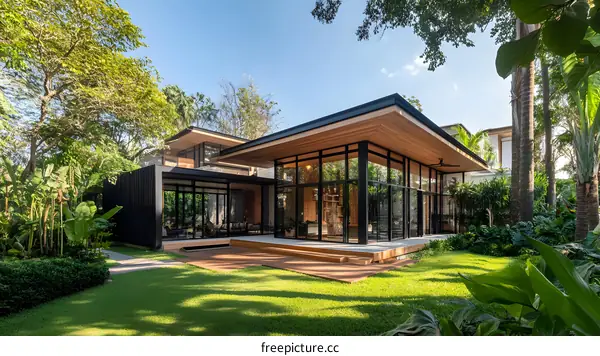 Modern House with Large Glass Windows and Wooden Deck