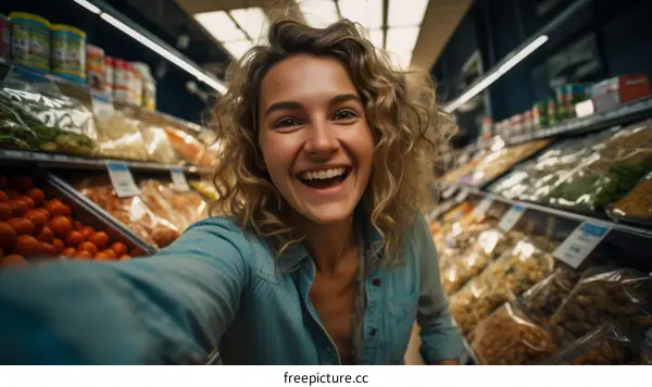 Happy woman taking selfie in grocery store