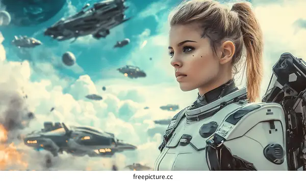 Space Warrior Woman in Futuristic Battle Scene