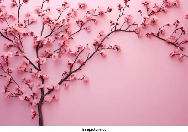 Delicate pink cherry blossom branches on a pink background