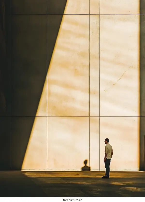 Man Standing in the Sunlight with Shadow on Wall
