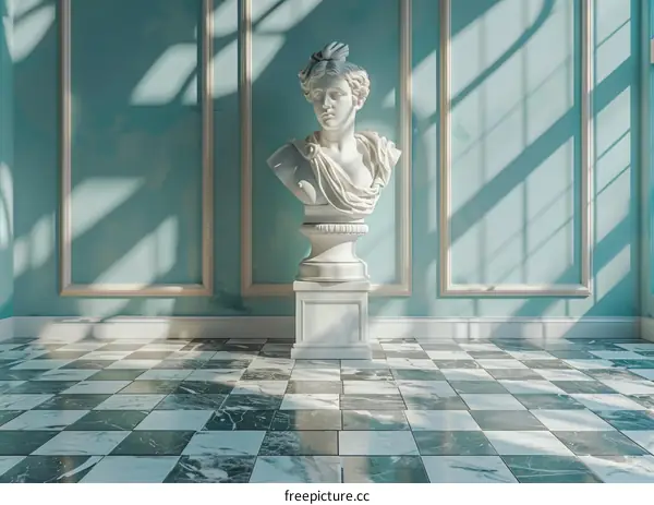 Classic Interior Scene with Marble Floor and Bust