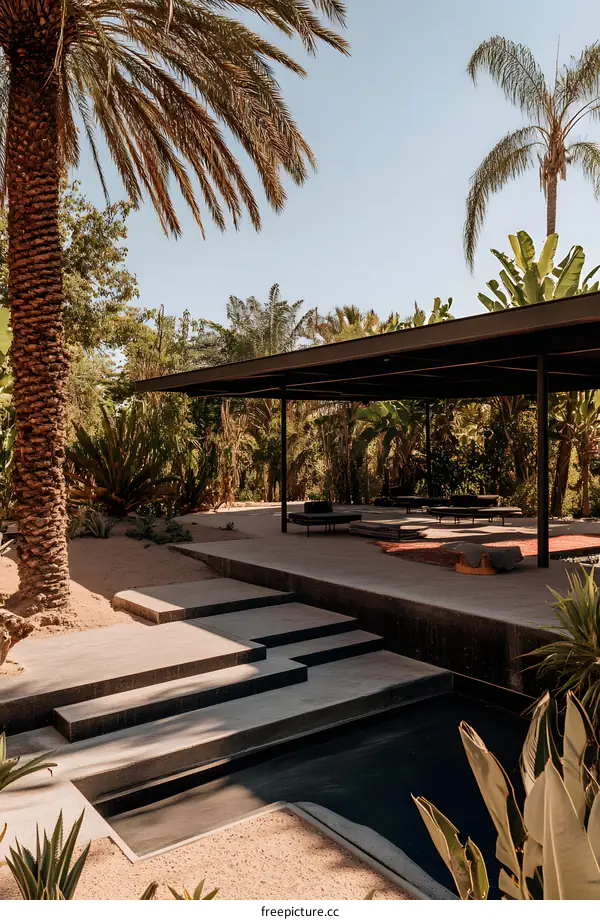 Modern Minimalist Architecture With Palm Trees and Steps