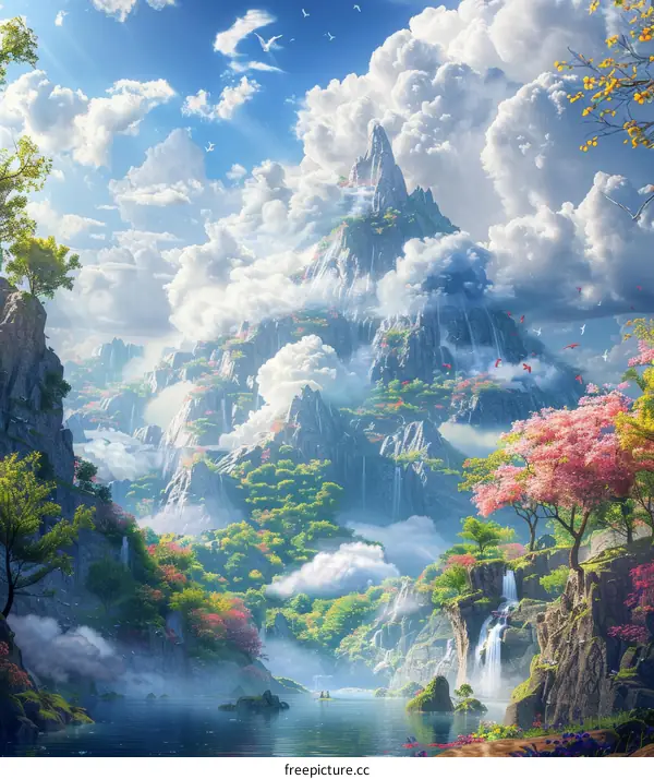 Fantasy Mountain Landscape with Lush Vegetation and Waterfalls