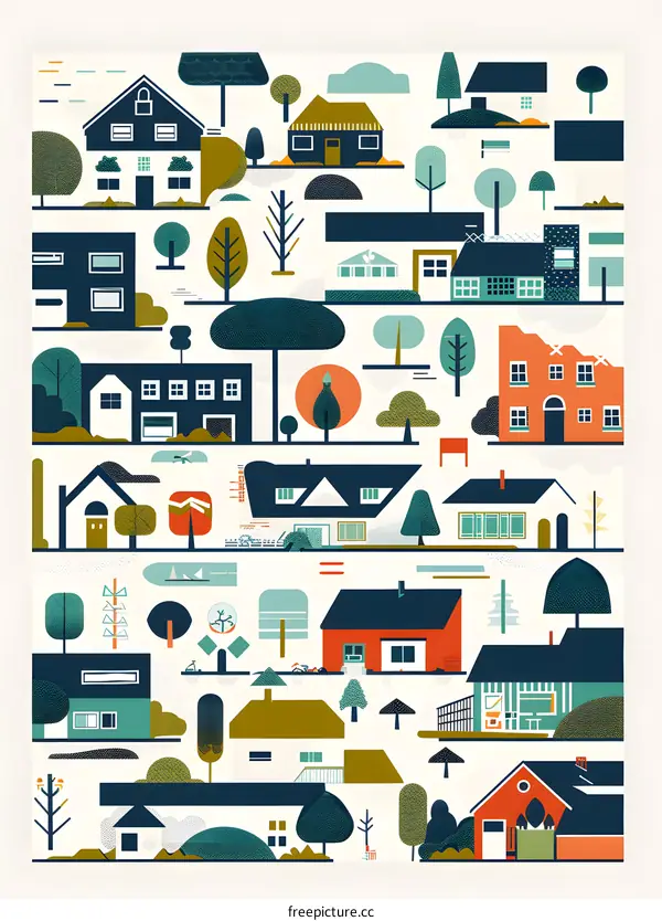 Geometric Illustration of a Town with Houses and Trees