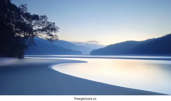 Peaceful Sunrise over a Serene River Beach