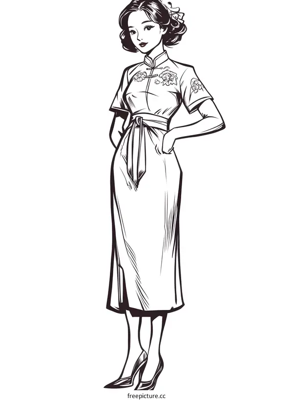 Elegant Woman in a Cheongsam Dress Illustration