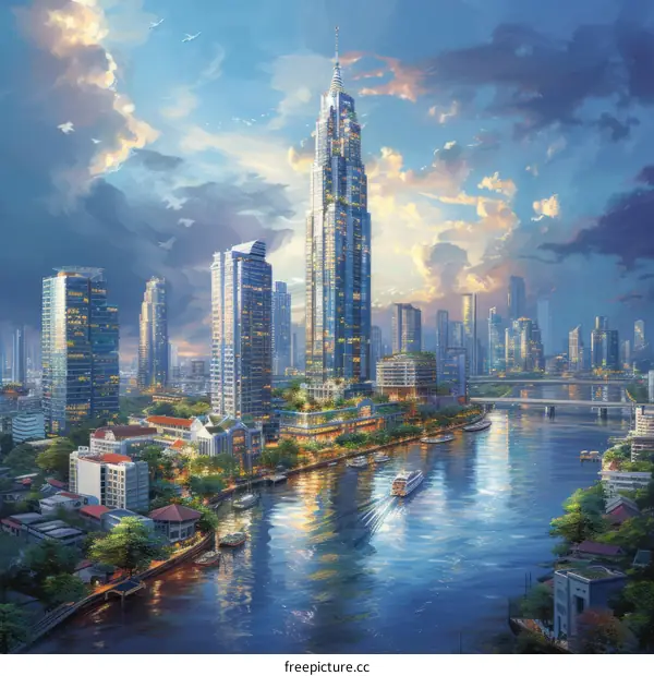 futuristic city illustration with a river running through it and a large tower in the center