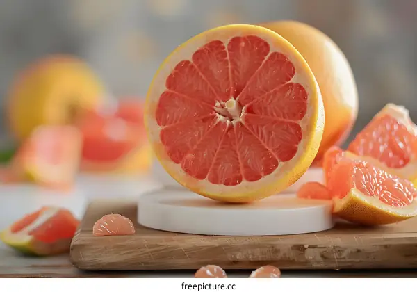 Freshly Cut Pink Grapefruit on Wooden Cutting Board
