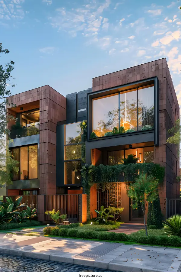 Modern Architecture House with Green Plants and Cobblestone Pathway